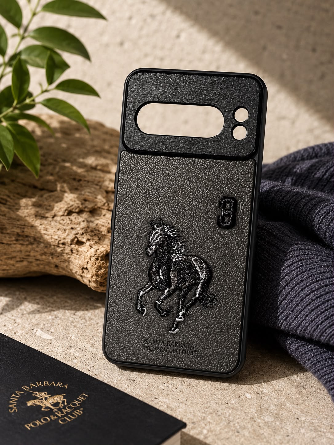 Premium Leather Texture Phone Cover with Embroidered Horse Design