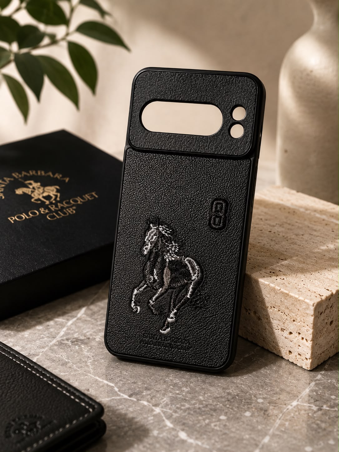 Premium Leather Texture Phone Cover with Embroidered Horse Design