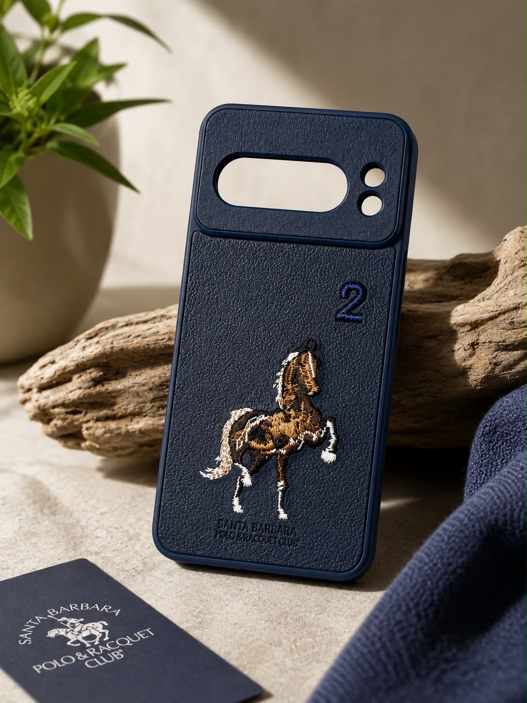 Premium Leather Texture Phone Cover with Embroidered Horse Design